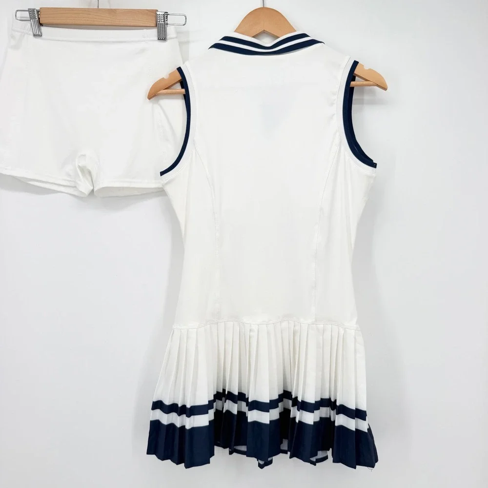Anna-Kaci Tennis Dress & Shorts Set White Navy Pleated Athletic Golf Medium NWT